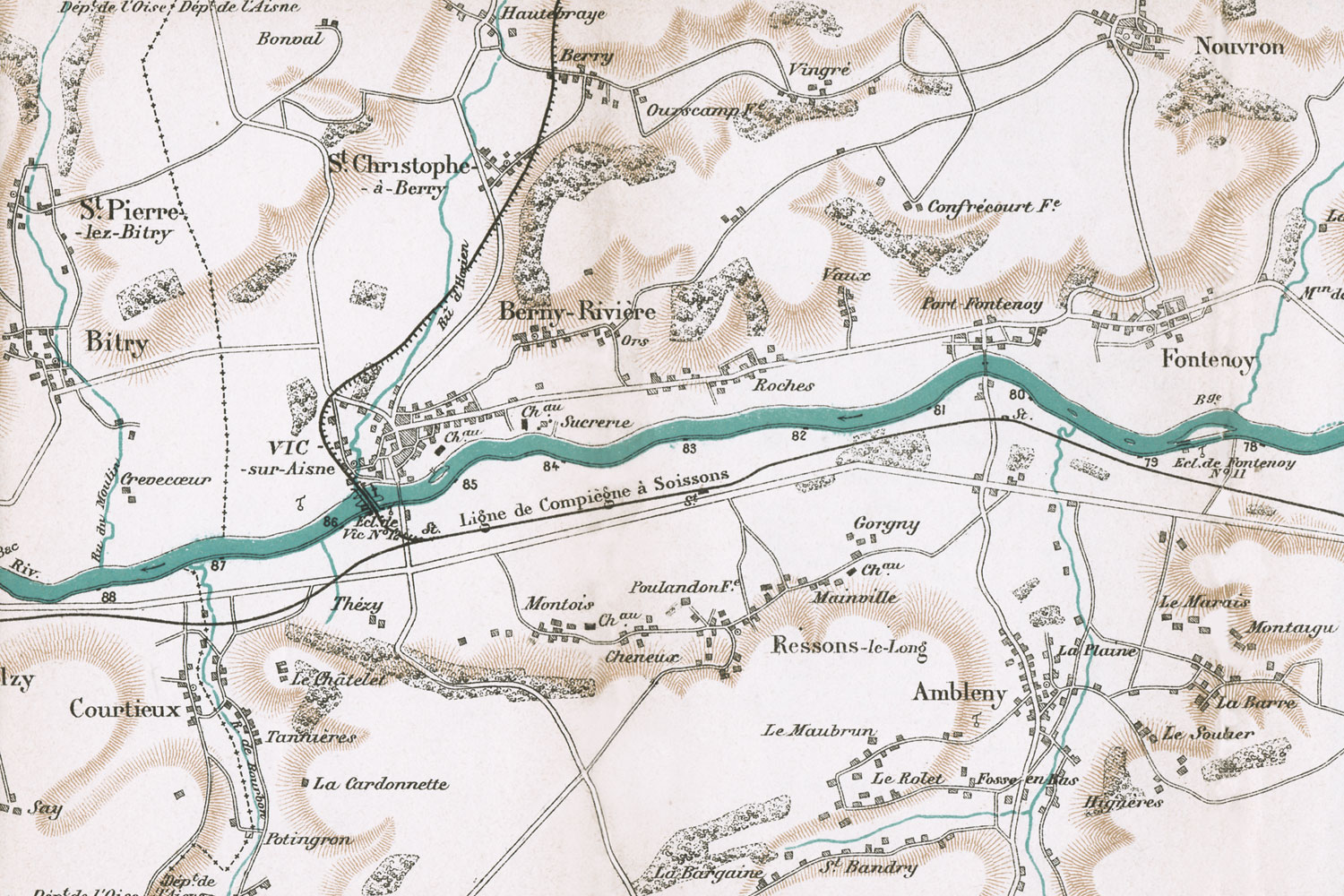 Extrait de la Carte du cours de l'Aisne et du canal latéral à l’Aisne par R. Vuillaume, 1888